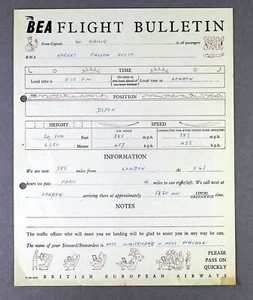 BEA BRITISH EUROPEAN AIRWAYS AIRLINE FLIGHT BULLETIN VICKERS VISCOUNT REPORT 2 - Picture 1 of 2