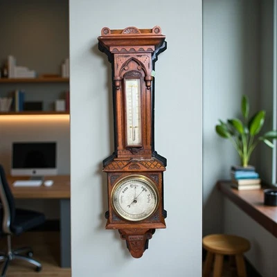 Victorian Barometer and Thermometer Contained in a Carved Walnut Case - Image 1 of 4