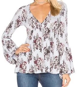 Free People Speak Easy Blue Floral Tunic Flowy Top Bell Sleeve Babydoll Boho L - Picture 1 of 8