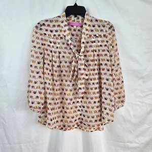 Under Skies Modcloth Ivory Chiffon Pink Elephant Print 3/4 Sleeve Blouse Medium - Picture 1 of 11