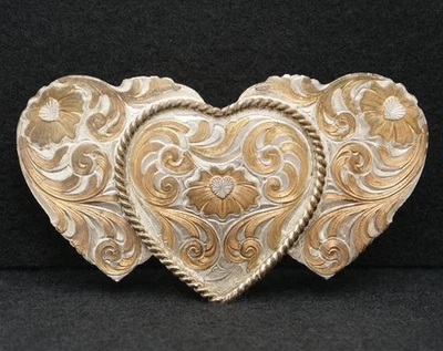 WB13107 VINTAGE 1970s *THREE HEARTS* WESTERN DESIGN MONTANA SILVERSMITHS BUCKLE - Image 1 of 2