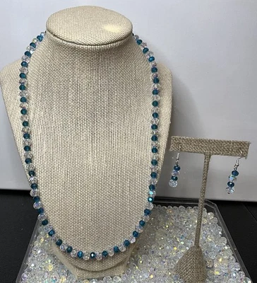 Handmade AB Clear Crystal & Blue Electroplate Glass Bead Necklace 925 Earrings Q - Image 1 of 4