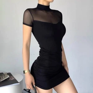 Sexy Bold Gothic Women Dark Mock Neck Y2k Bodycon Mini Dress with Mesh - Picture 1 of 5