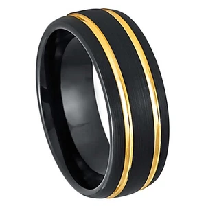 Kuppel schwarz IP 8 mm Herren Wolframhartmetall Ring zwei gelbe IP Nuten Hochzeitsband - Bild 1 von 4