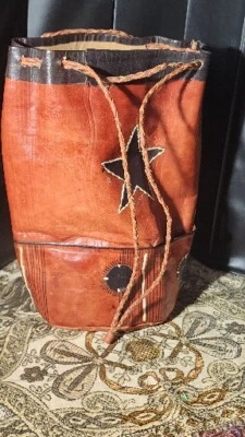 Vintage Leather Boho Bucket Bag Drawstring Purse Backpack Handcrafted In Africa - Image 1 of 4