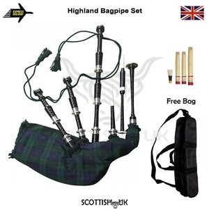 Highland Bagpipes Rosewood Full Set - Black Silver Mounts, Black Watch Tartan - Picture 1 of 4