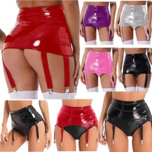 UK Women's Wet Look Garter Belt Suspender Lingerie Thigh High Stockings Clubwear - Picture 1 of 86