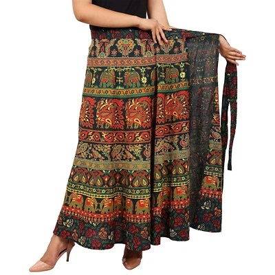 Green Elephants Mandala Around Wrap Skirt Indian Women Vintage Long Maxi Skirt - Image 1 of 4