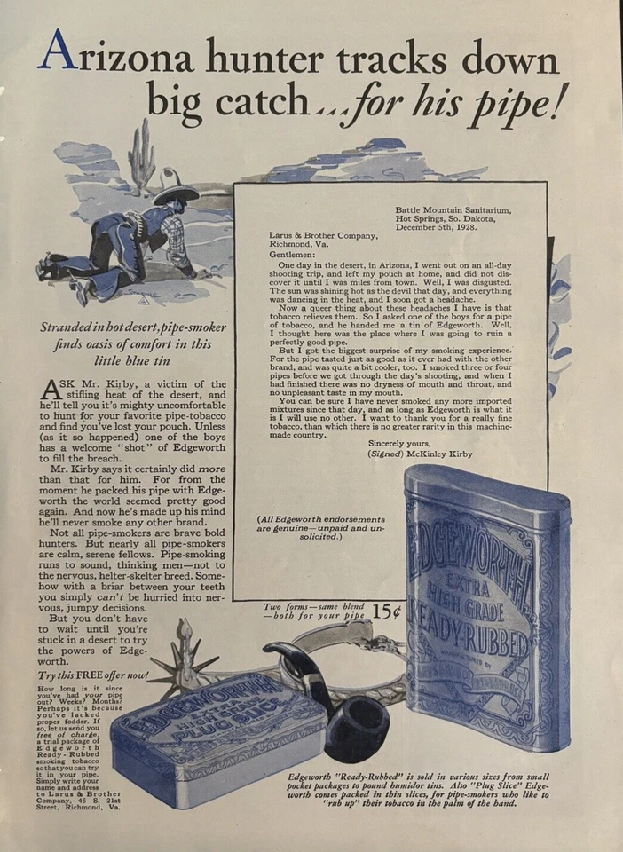 Pipa acanalada Edgeworth Ready 1929 tabaco Arizona Hunter rastrea anuncio impreso de colección Foto 1 de 1