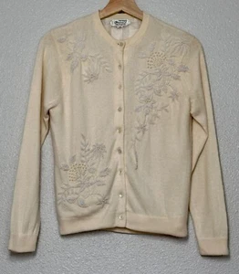 Vintage Fully Fashioned Herald Cashmere Ivory Cardigan w/ intricate floral beads - Picture 1 of 10