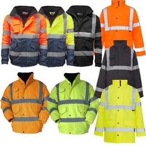 Hi Viz High Visibility Waterproof Bomber Safety Work Yellow Orange Jacket Coat  - Picture 1 of 10