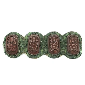 Carved Cinnabar Brooch Green Enamel Floral Chinese Export Vintage - Picture 1 of 12