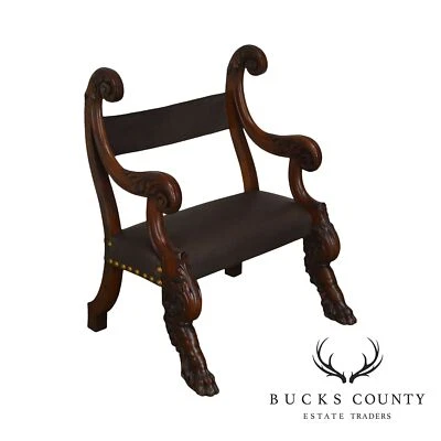 Antique 19th Century Unusual Italian Carved Claw Foot Leather Armchair - Image 1 of 4