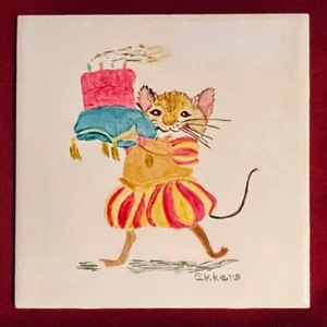 Darling Vintage Hand-painted 'Birthday Mouse' Porcelain 6x6 in Tile TRIVET - Picture 1 of 2