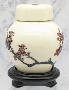 Vintage White Ginger Jar Urn With Cherry Blossoms 4" With Stand - Picture 1 of 11
