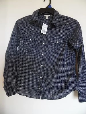 Women  Forever 21 Navy Blue Polka Dot Cotton Long Sleeve Shirt  Sz S NWT - Image 1 of 3