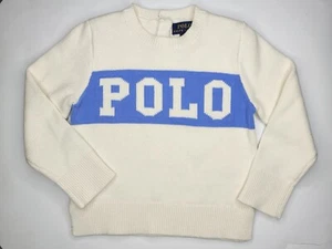 $65 Polo RALPH LAUREN Girls 4 Cable Knit SWEATER White Blue Color Block Logo NEW - Picture 1 of 24