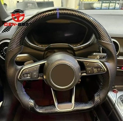 Volante deportivo plano de fibra de carbono real para 16+ Audi R8 TT TTRS puntada azul Foto 1 de 4