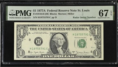 1977A $1 FRN PMG 67 EPQ Superb Gem Radar Serial H19755791C ST LOUIS Birth Year - Image 1 of 3