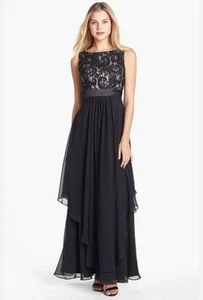 Eliza J Black Lace + Layered Chiffon Gown Size 8 Women's Sleeveless Cocktail - Picture 1 of 10