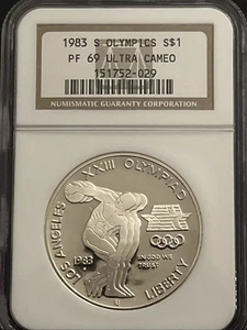 1983-S Olympics Discus Thrower $1 NGC PF 69 Ultra Cameo Silver Commemorative  - Picture 1 of 4