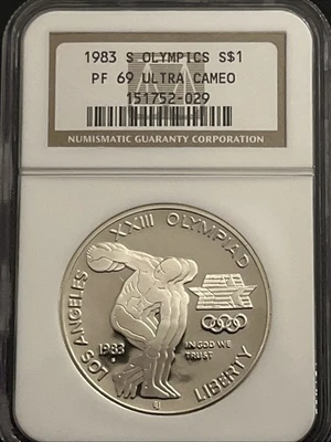 1983-S Olympics Discus Thrower $1 NGC PF 69 Ultra Cameo Silver Commemorative  - Image 1 of 4