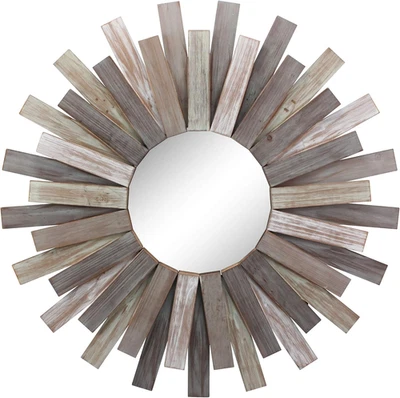 Large round 32" Wooden Sunburst Wall Mirror with Attached Hanging Bracket, Decor - Image 1 of 4