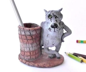 Vintage Holder Pencil Desk Organizer Ceramic Stationary Home Wolf Style Animal - Picture 1 of 4