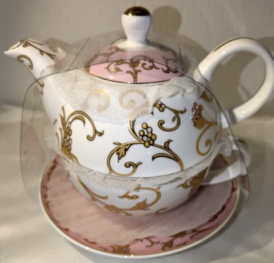 Juego de té Gracie China para una taza de tetera platillo, rosa blanco y dorado nuevo Foto 1 de 4