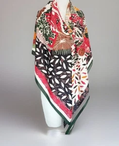 Ladies Red  Green Cream Arty Bird Design  Large  Womans  Neck Silk Scarf Shawl - Picture 1 of 14