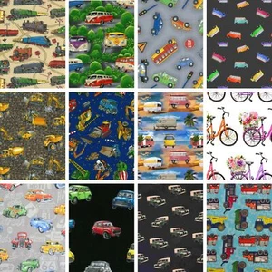 100% Cotton Fabric FAT QUARTER Car Camper Digger Crane Train Truck Bike Material - Picture 1 of 21