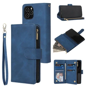 For iphone Case 14 pro max 13 12 11 SE XS XR Zipper Wallet Leather Phone Cover - Picture 1 of 37