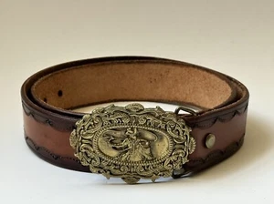 Vintage 1980 Baron Buckles Solid Brass Belt Buckle And Leather Belt Size 36 - Picture 1 of 11