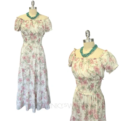 Trixxi White Floral Print Milkmaid Midi Dress Size S Off the Shoulder Prairie - Image 1 of 4