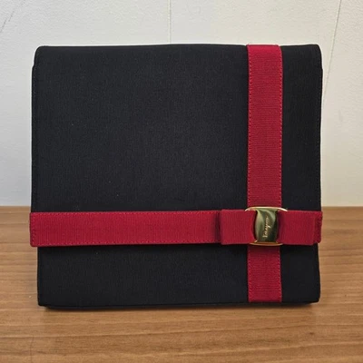 Salvatore Ferragamo Vara Bow Clutch Faille Crossbody Bag Black Red Ribbon Italy - Image 1 of 4