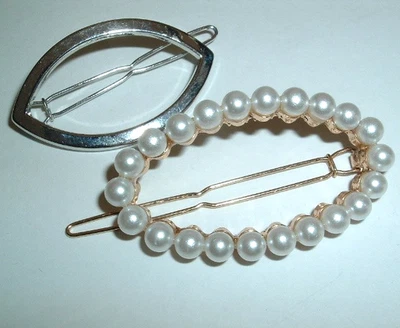 2 Vintage Silver and White Pearl Post Clip Hair Barrettes - Image 1 of 3