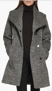 Kenneth Cole Women's Asymmetrical Textured Boucle Wool Coat Grey SMALL-EXCELLENT - Picture 1 of 24