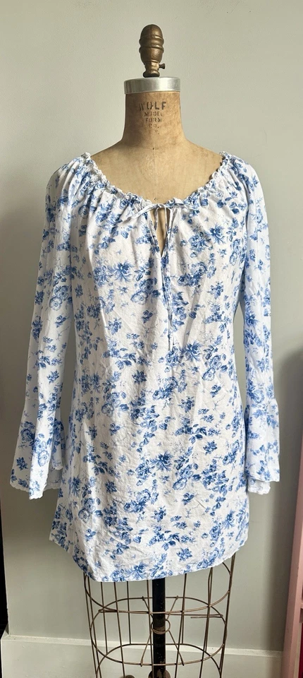 Camisón de algodón vintage Victoria's Secret floral azul boho festival manga campana L Foto 1 de 4