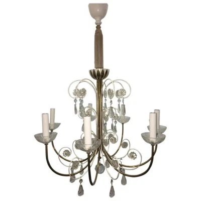 1950s Austrian Stejnar Style Fountain White Candlesticks & Crystals Chandelier - Image 1 of 4