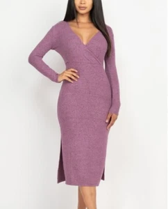 Size Large Fits Women's 10-12 Purple Long Sleeve V-Neck 2 Side Slits Midi Dress - Picture 1 of 4