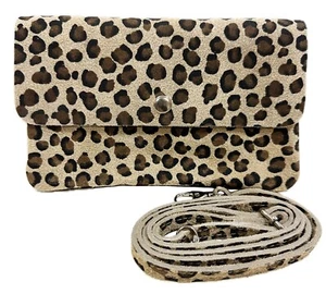 Leopard Rough Leather Suede Bag Crossbody Clutch Satchel Leather Italy - Picture 1 of 16