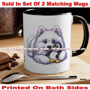 DigiPups Samoyed Dog Breed Cute Penguin Friend Hug Cartoon Coffee Cup 2 Mug Set - Picture 1 of 3