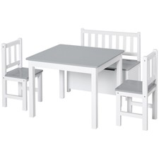 HOMCOM Set Tavolo per Bambini con 2 Sedie e Cassapanca in Legno Bianco e Grigio
