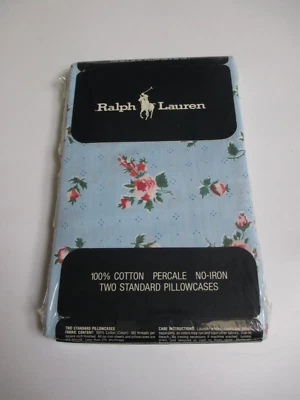 老式全新 Ralph Lauren CALICO 玫瑰蓝色花卉 2 个标准枕套 — 第 1/4 张图片