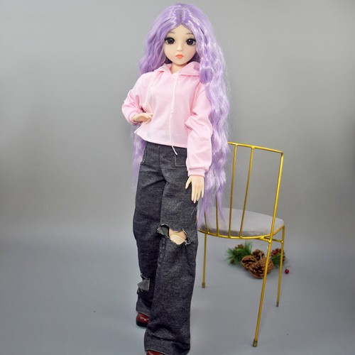 VETEMENTS Bambola BJD 24 pollici giocattolo occhi marroni bambola bambina con parrucche ricce felpe con cappuccio pantaloni scarpe