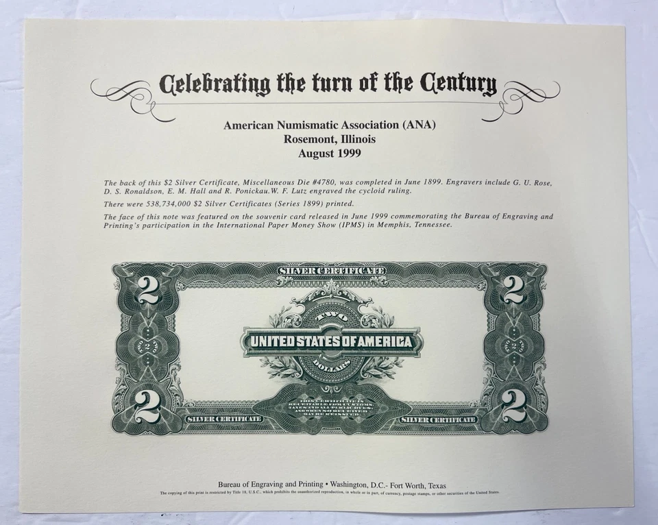 Certificate of The Back of $2 Silver American Numismatic Association Issued - Image 1 of 1