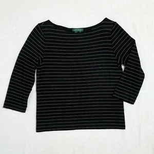 Lauren Ralph Lauren L Black Top Gold Pinstripe 3/4 Sleeve Green Label - Picture 1 of 7