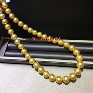 AAAAA 18"9-10mm NATURAL REAL round south sea deep golden pearl necklace 14K gold - Picture 1 of 6