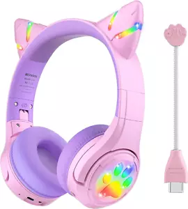 Riwbox CF9 Cat Ear Kids Bluetooth Headphones with LED Light Up,Safe 85dB Volume - Picture 1 of 7