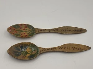 (2) Antique 1908 Minne Fran Goteborg Hand Painted Wooden Spoons - Picture 1 of 5